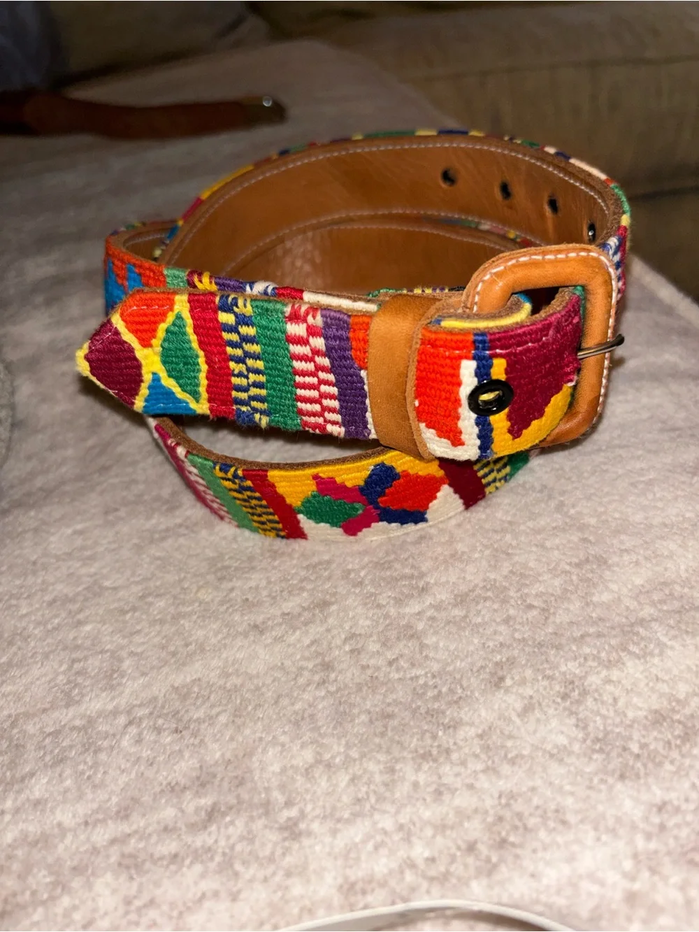 VTG Guatemalan Multicolor Hand Woven Handmade Leather Belt Unisex 36 Boho Hippie